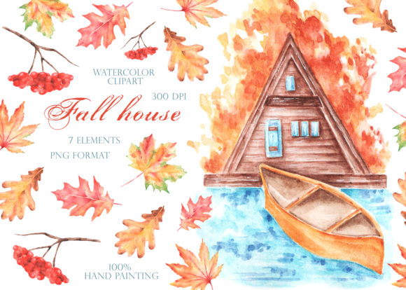 Autumn House Watercolor Clipart. Fall Illustrations