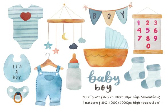 Baby Boy Nursery Watercolor Clip Art and Illustrations