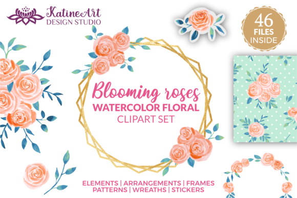 Blooming Roses Watercolor Clipart Set Illustrations