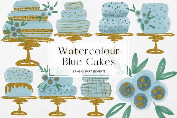Blue Watercolour and Glitter Cake Illustrations