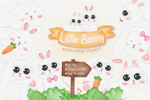 Cute Bunny Rabbits Watercolor Clipart Illustrations