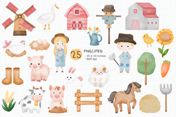 Cute Farm and Animal in Farm Watercolor