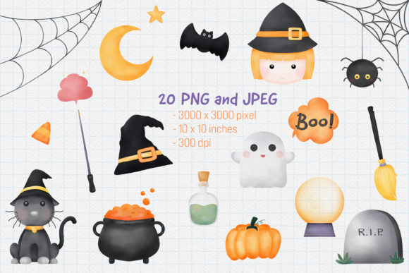 Cute Halloween Watercolor Clipart and Illustrations