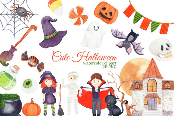 Cute Halloween Watercolor Clipart, Party Illustrations