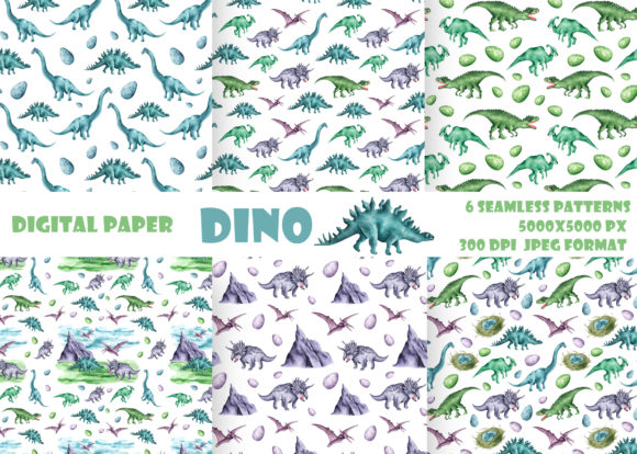 Dinosaurs Watercolor Seamless Pattern and Illustrations