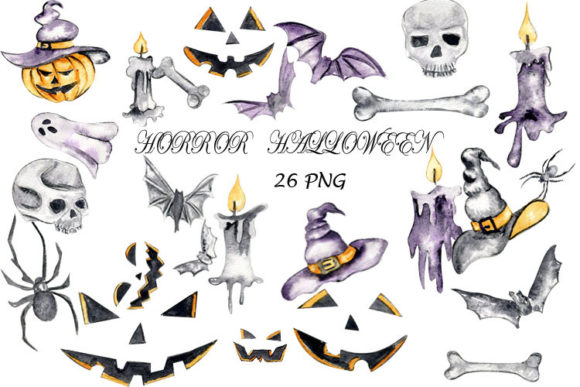 Halloween Horrorparty Watercolor Clipart and Illustrations