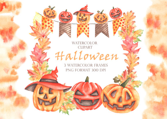 Halloween Pumpkins Watercolor Frames Illustrations