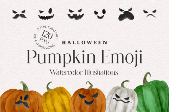 Halloween Watercolor Pumpkin Emoji Set and Illustrations