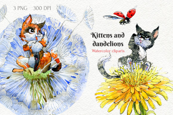Kittens and Dandelions, Watercolor Cat