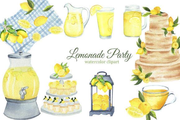 Lemonade Party Watercolor Clipart and Illustrations