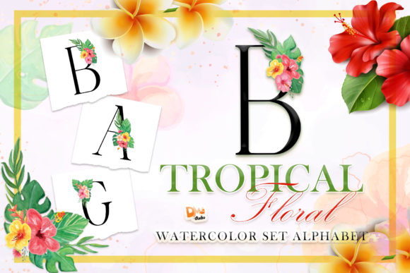 Monogram Tropical Floral Watercolor Set and Illustrations