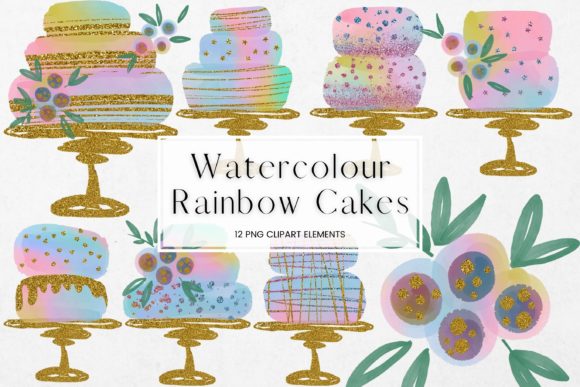 Rainbow Watercolour and Glitter Cake Illustrations
