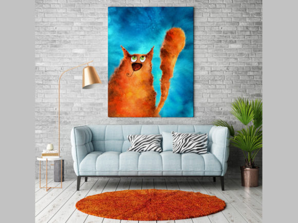 Red Cat on a Blue Background Watercolor Illustrations