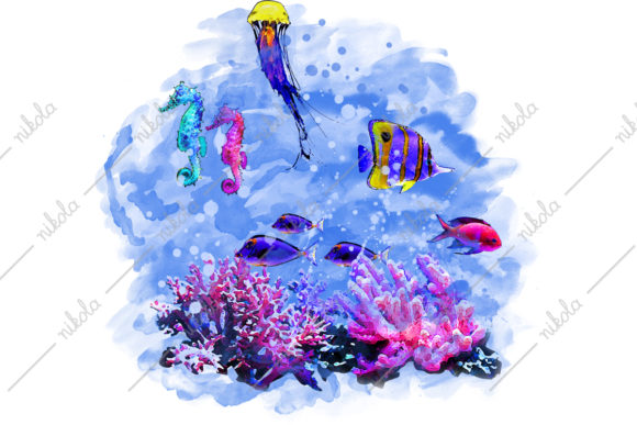 Sea Fish Aquarium Corals Watercolor Illustrations
