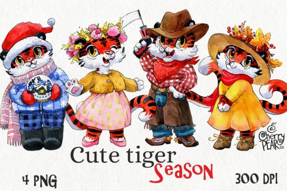 Season Cute Tiger Clipart, Watercolor