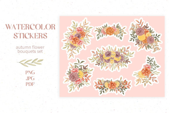 Watercolor Autumn Flower Stickers and Illustrations