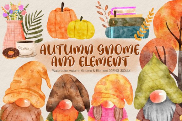 Watercolor Autumn Gnome Element Clipart and Illustrations
