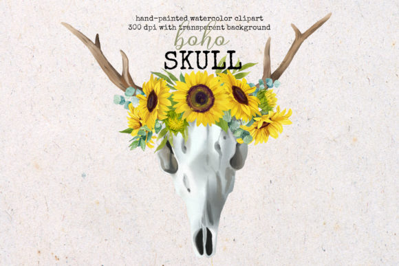 Watercolor Boho Skull with Sunflower Illustrations