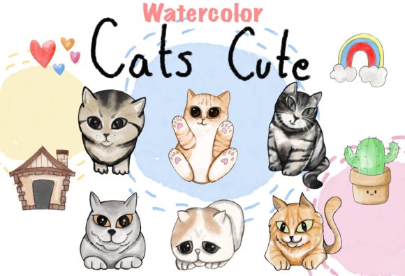 Watercolor Cat Cute Illustrations