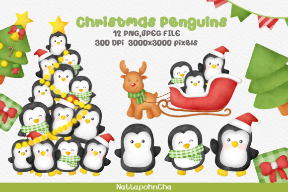 Watercolor Christmas Penguins Clipart: Festive Illustrations