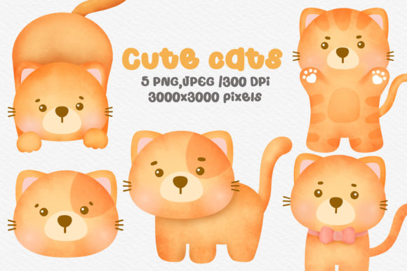 Watercolor Cute Cat Clipart Illustrations
