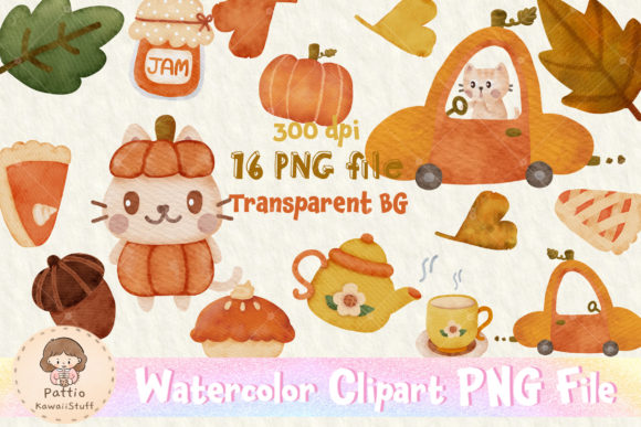 Watercolor Fall Pumpkins Cat Clipart Png and Illustrations