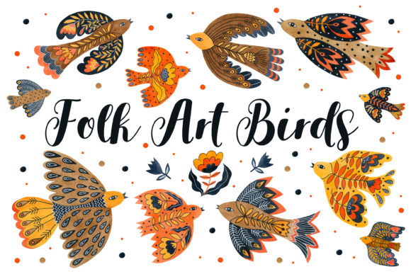 Watercolor Folk Art Birds Clipart and Illustrations