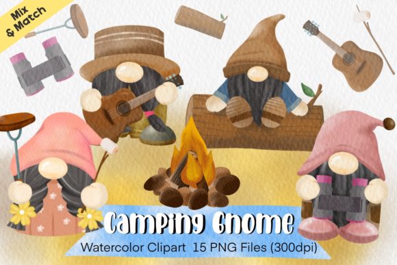 Watercolor Gnome Camping Clipart and Illustrations