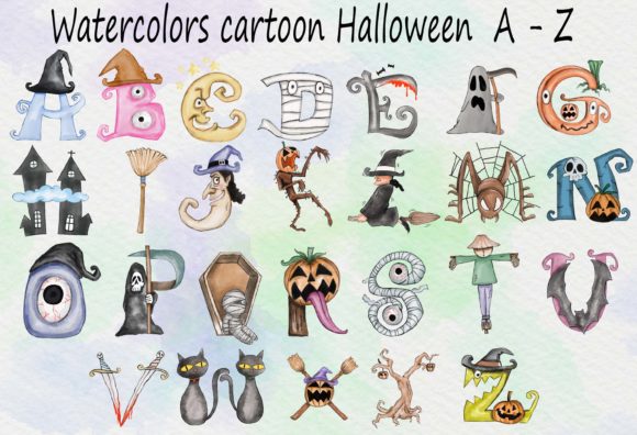 Watercolor Halloween Cartoon Text Style and Illustrations