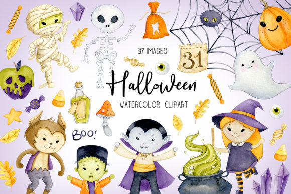 Watercolor Halloween Characters Clipart and Illustrations