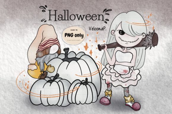 Watercolor Halloween Gnome and Cute Girl Illustrations