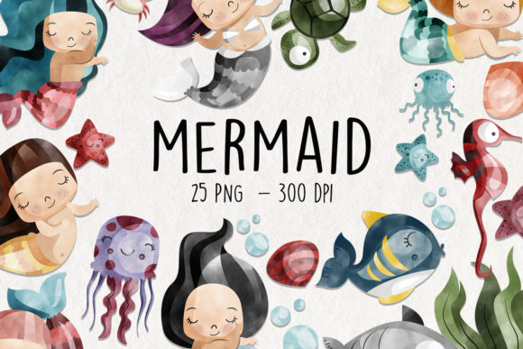 Watercolor Mermaid Clipart Set of 25