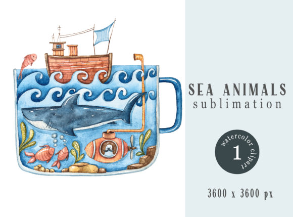 Watercolor Nautical Shark Sublimation Illustrations