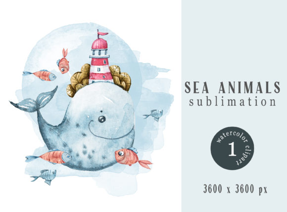 Watercolor Nautical Whale Sublimation Illustrations