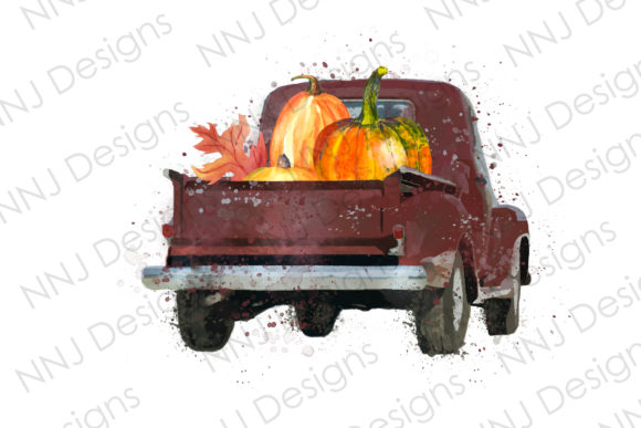 Watercolor Red Vintage Truck W Pumpkins Illustrations