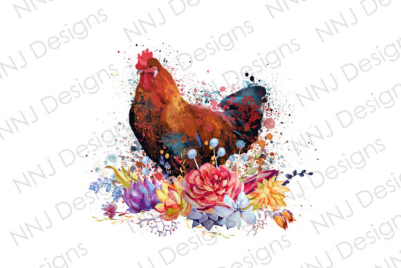 Watercolor Rooster with Flowers Clipart and Illustrations