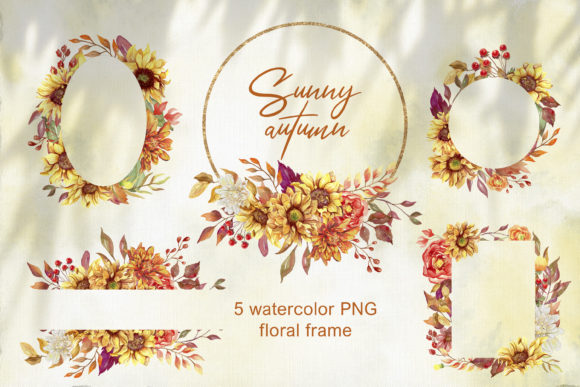 Watercolor Sunflowers Wreath Clipart PNG and Illustrations