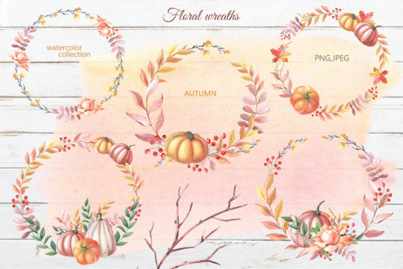 Watercolor Wreaths. Autumn Pumpkin, Rose Illustrations