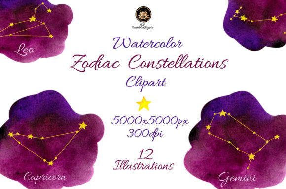 Watercolor Zodiac Constellations Illustrations