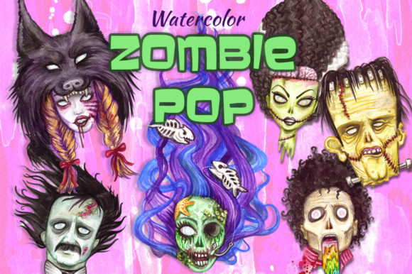 Watercolor Zombie Pop Illustrations Set