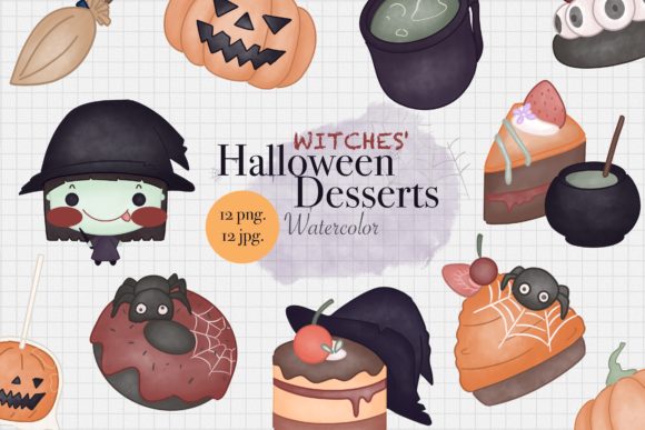 WITCHES HALLOWEEN DESSERTS Watercolor and Illustrations