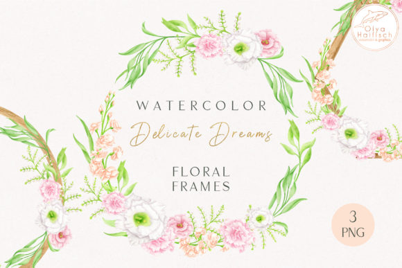 Wood Flowers Watercolor Wreaths PNG & Illustrations